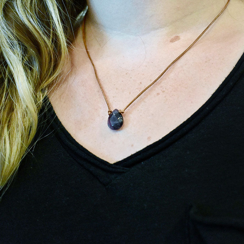 Amethyst & Light Brown Leather Necklace