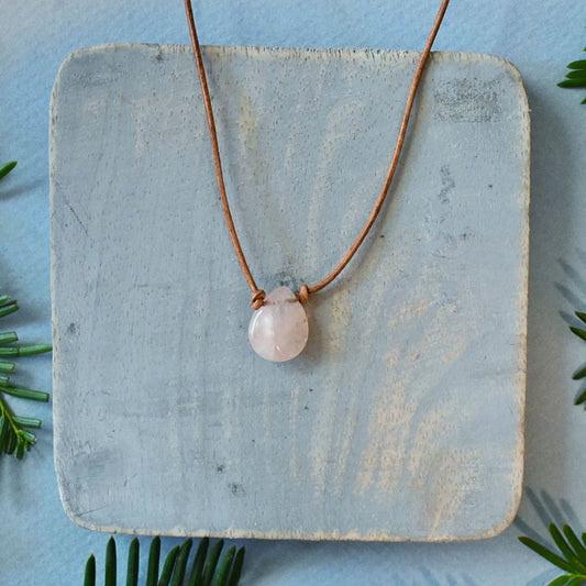 Rose Quartz & Light Brown Leather Necklace