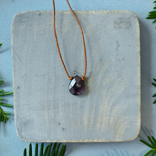 Amethyst & Light Brown Leather Necklace