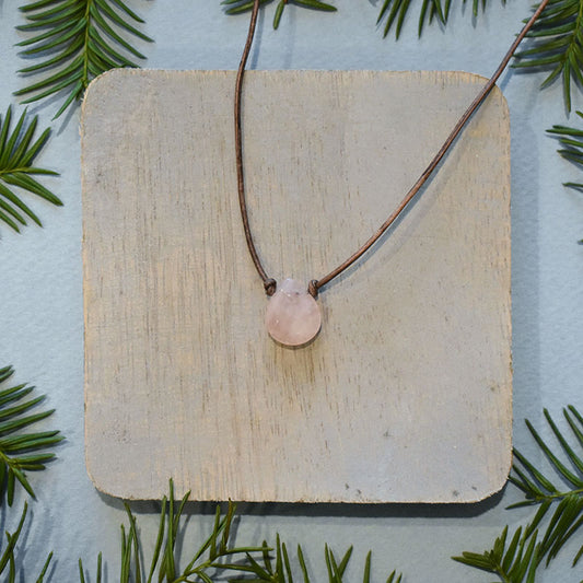 Rose Quartz & Gray Leather Necklace