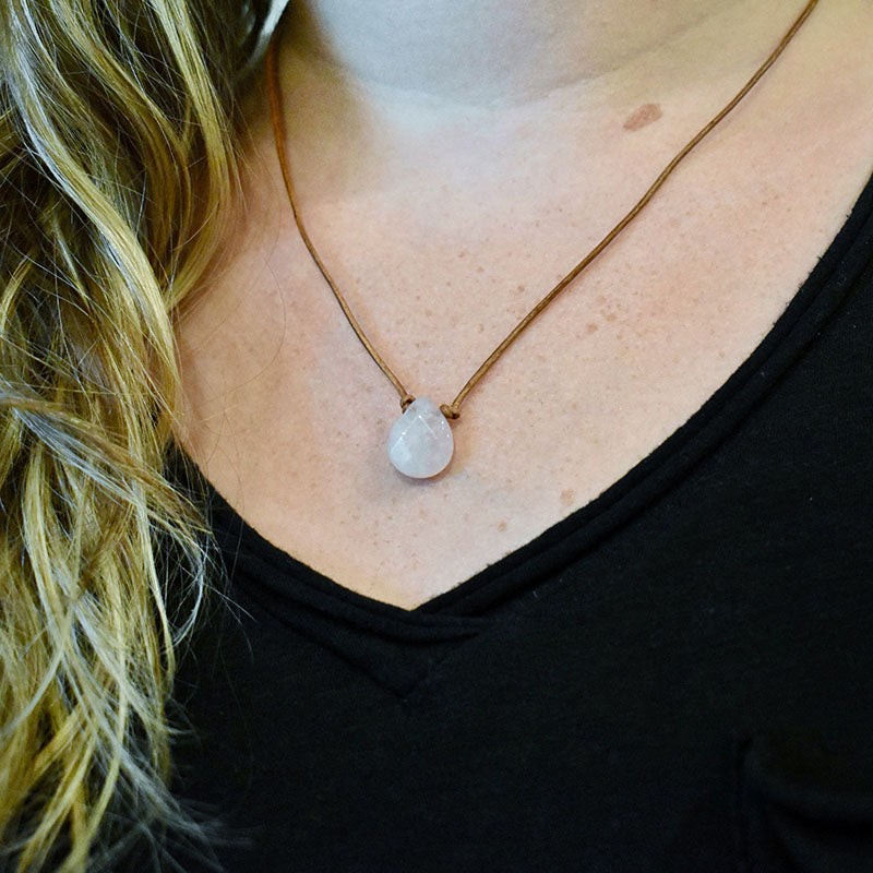 Rose Quartz & Light Brown Leather Necklace