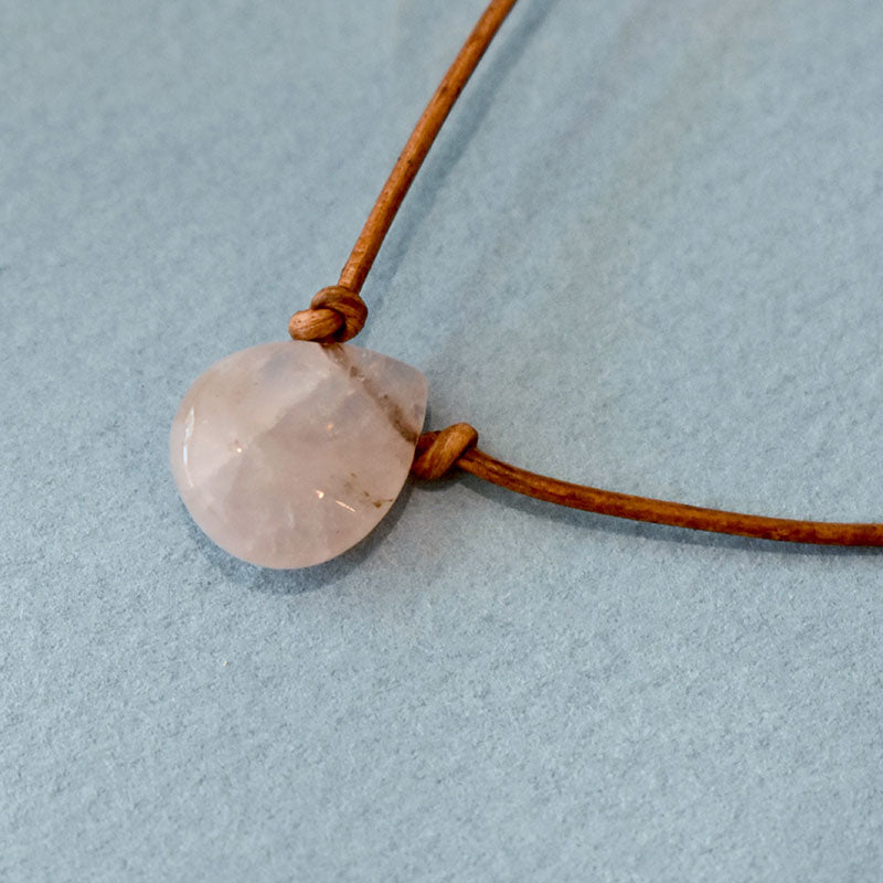 Rose Quartz & Light Brown Leather Necklace