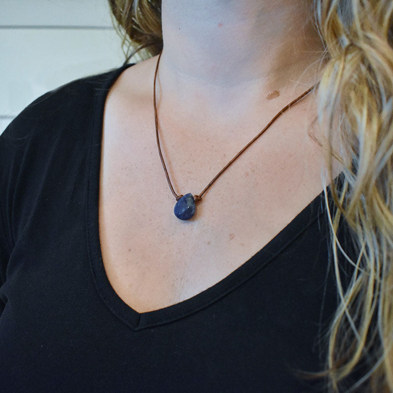 Sodalite & Light Brown Leather Necklace