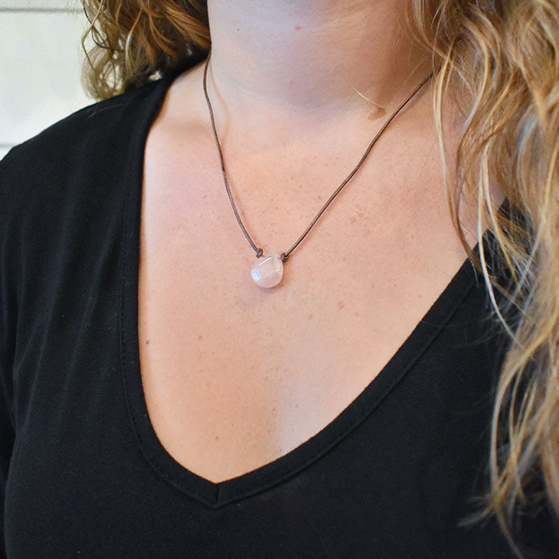 Rose Quartz & Gray Leather Necklace