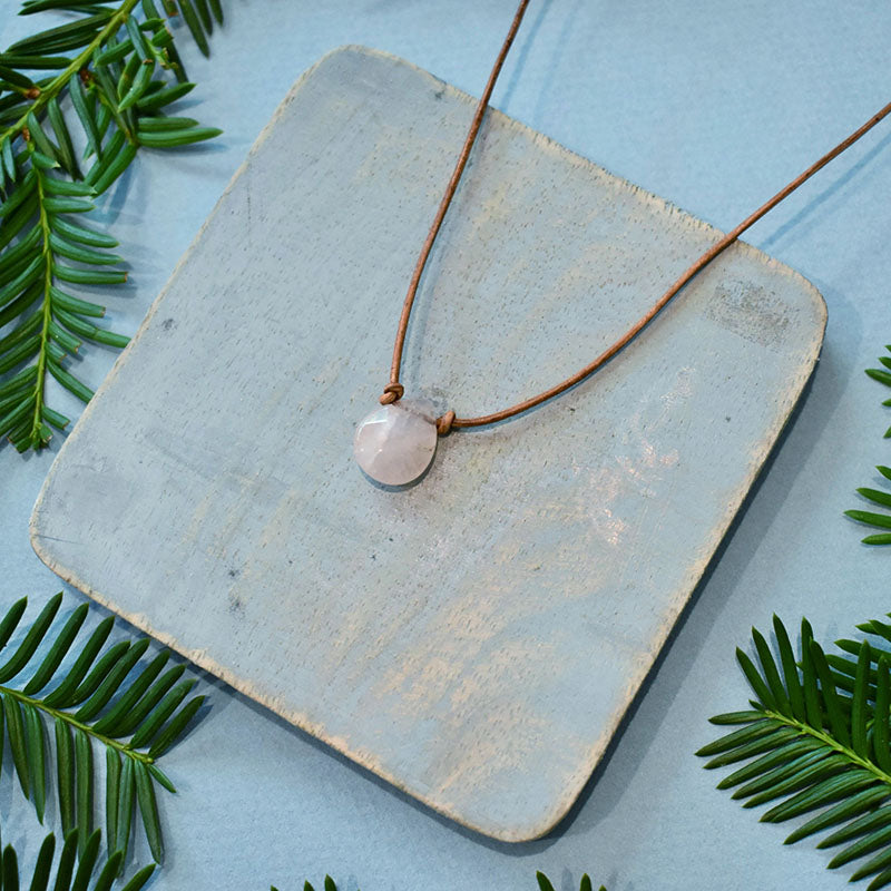 Rose Quartz & Light Brown Leather Necklace