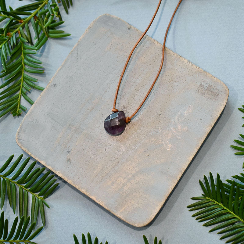 Amethyst & Light Brown Leather Necklace