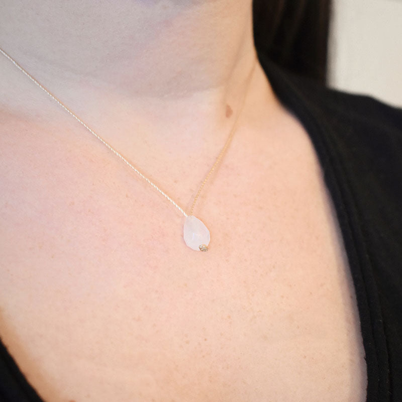 Rose Quartz Drop & Light Brown Cord Necklace