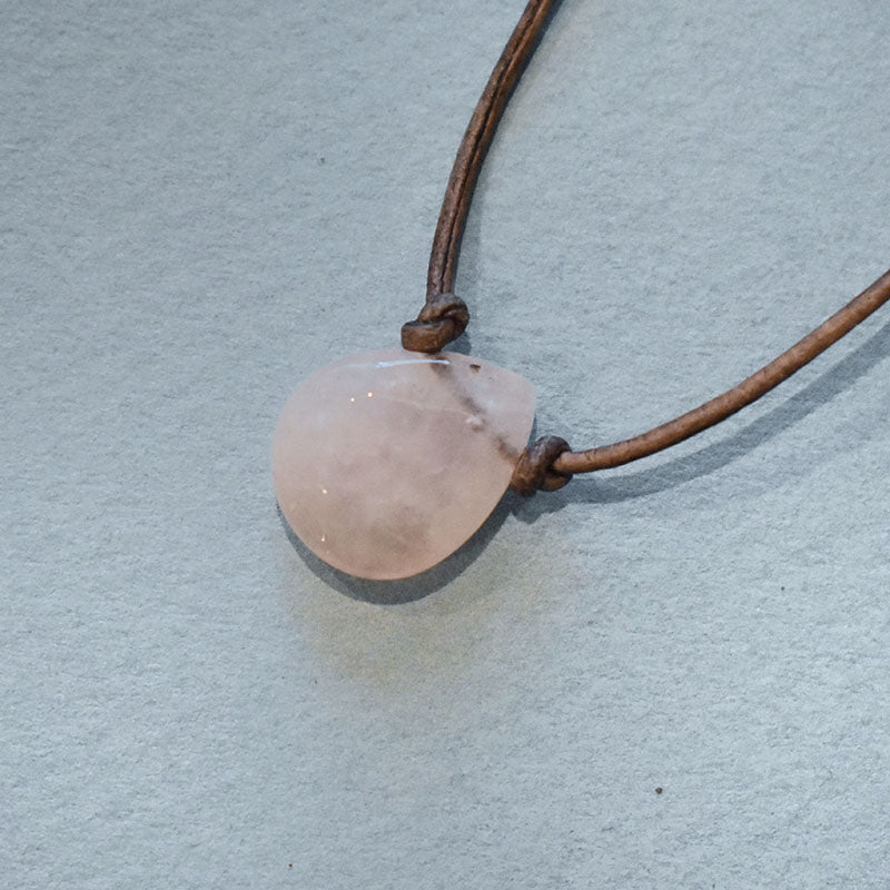 Rose Quartz & Gray Leather Necklace